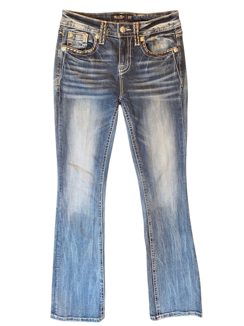 Miss Me Embellished Distressed Mid-Rise Bootcut Jeans 27 Blue Western Bohemian